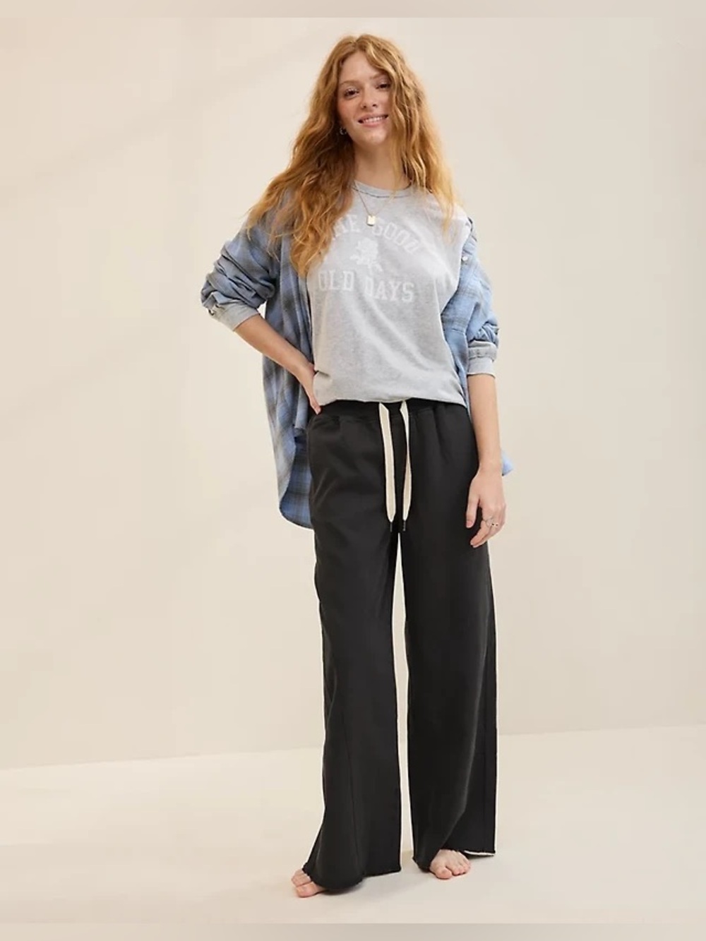 aerie Wide-Leg Lounge Pants in Charcoal with Cream Drawcord